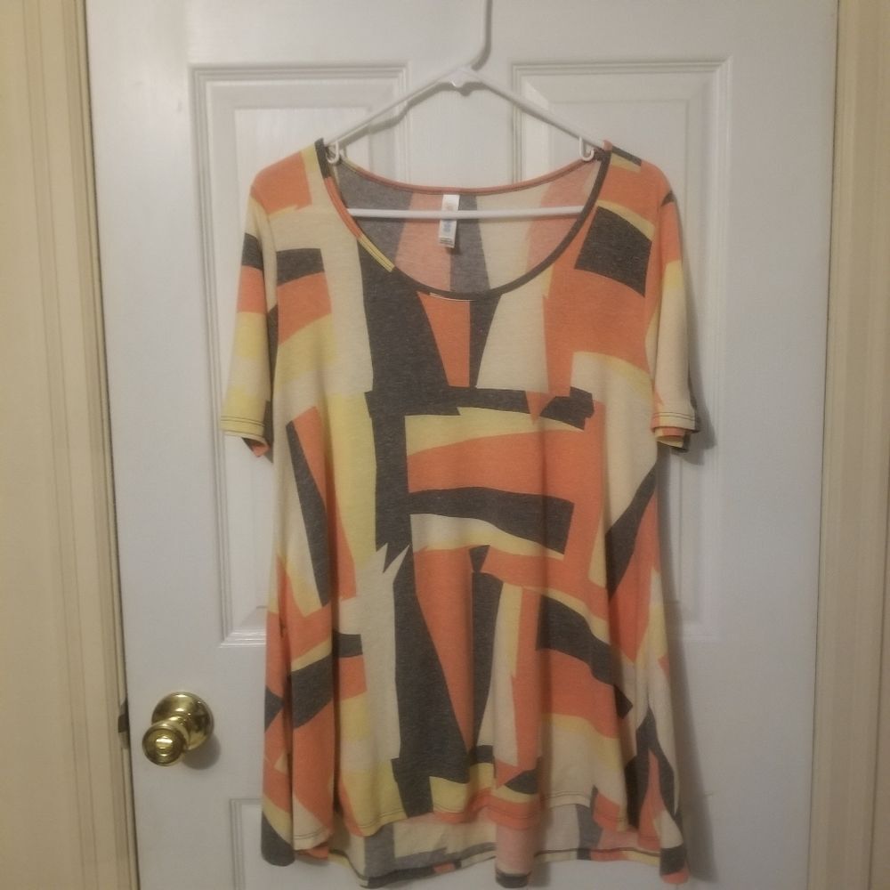 LuLaRoe Perfect T Short Sleeve Geometric Colorblock Pink Yellow Grey Size Small
